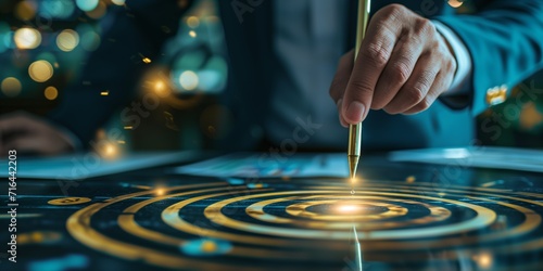 Businessman aims arrow at a virtual target dartboard, precision in setting objectives for business investments visualizes strategic approach to achieving goals and hitting targets in business.
