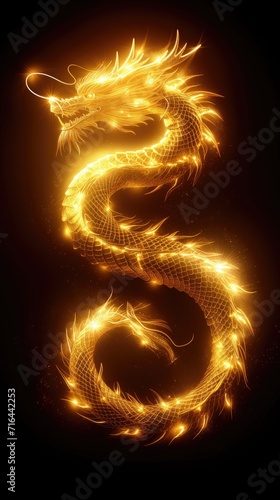 Golden Chinese dragon lines glow on a dark background.