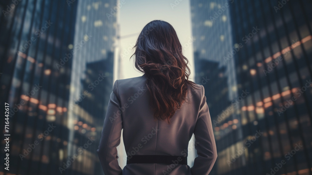 back view of business woman standing in front of a tall skyscraper building in a city back view of business woman standing in front of a tall skyscraper building in a city