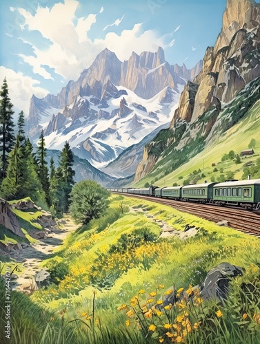 Vintage Railway Posters: Majestic Mountain Landscapes and Alpine Train Views