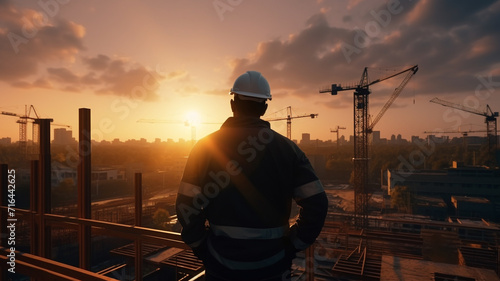 Back view of construction engineer looking at the building in the construction site with sunset
