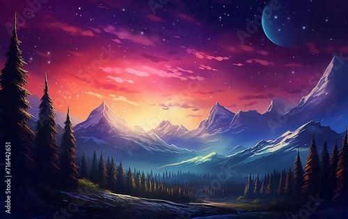 vector illustration of majestic Mountains with colorful sunset background, very beautiful shooting stars