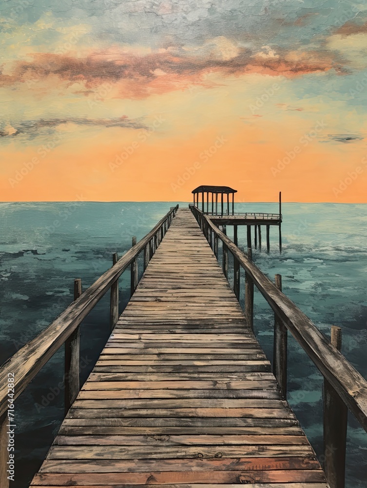 Vintage Seaside Piers Handmade Landscape Painting - Pier Craft: A Captivating Original Dock Art