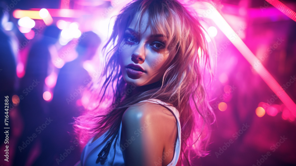 Beauty girl on disco party in neon light