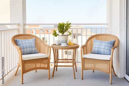 wicker chairs and table set on the balcony of a mediterraneanstyle house © studioworkstock