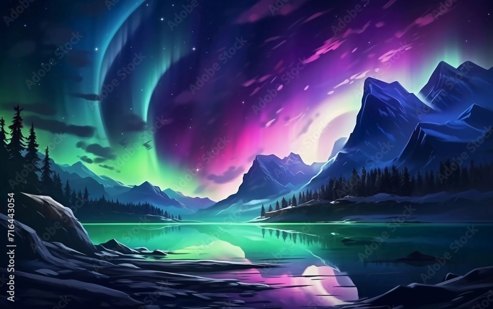 Illustration of northern lights - Aurora borealis in beautiful sky


