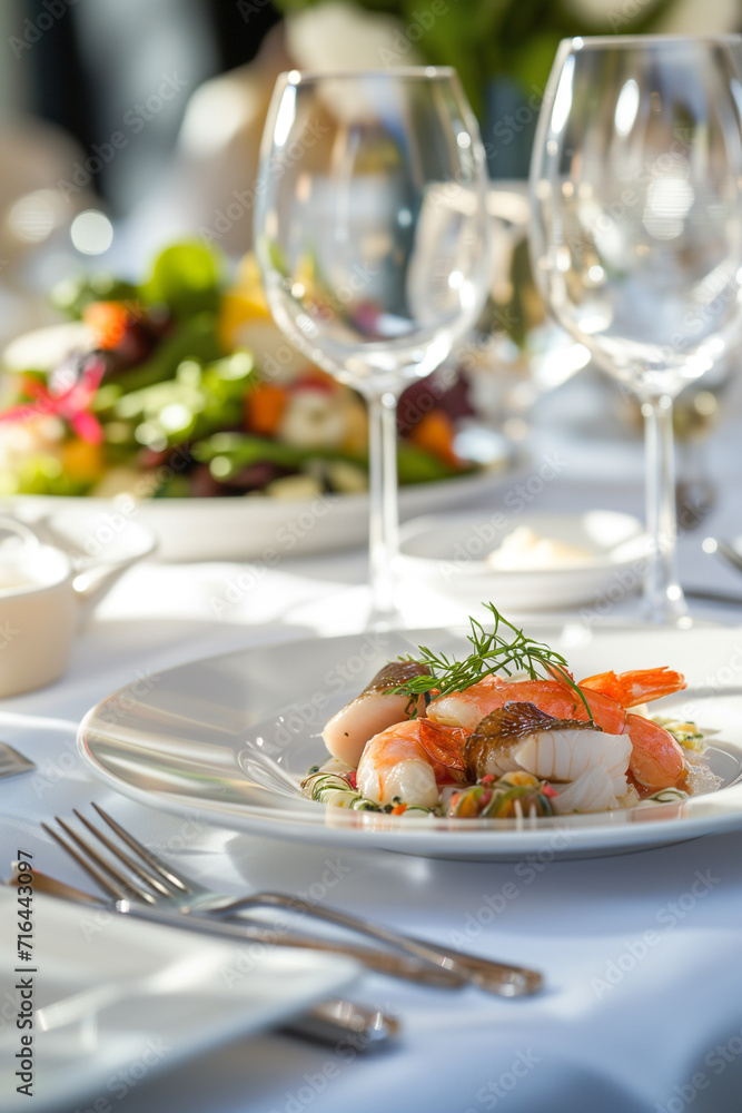 Seafood main course with shrimp and fish on a white plate Seafood main course with shrimp and fish on a white plate