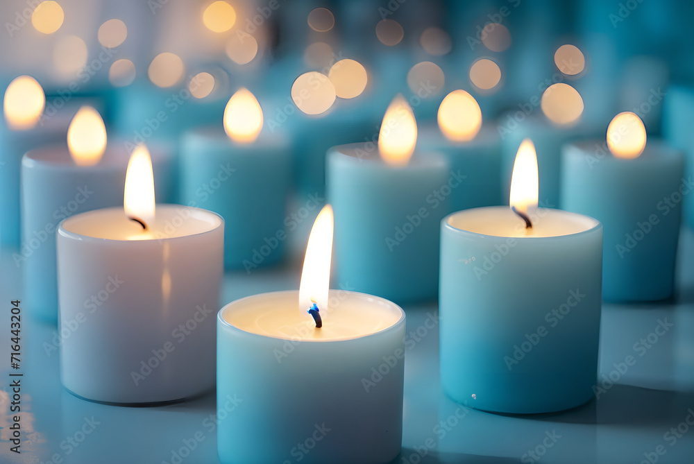Close-up view of Brilliant Blue Candles Burning Bright, Casting a Calm and Magical Aura