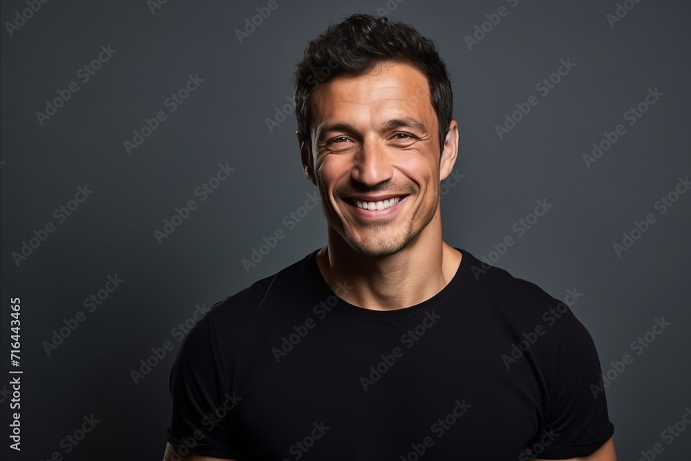 Portrait of a handsome young man laughing against a dark background