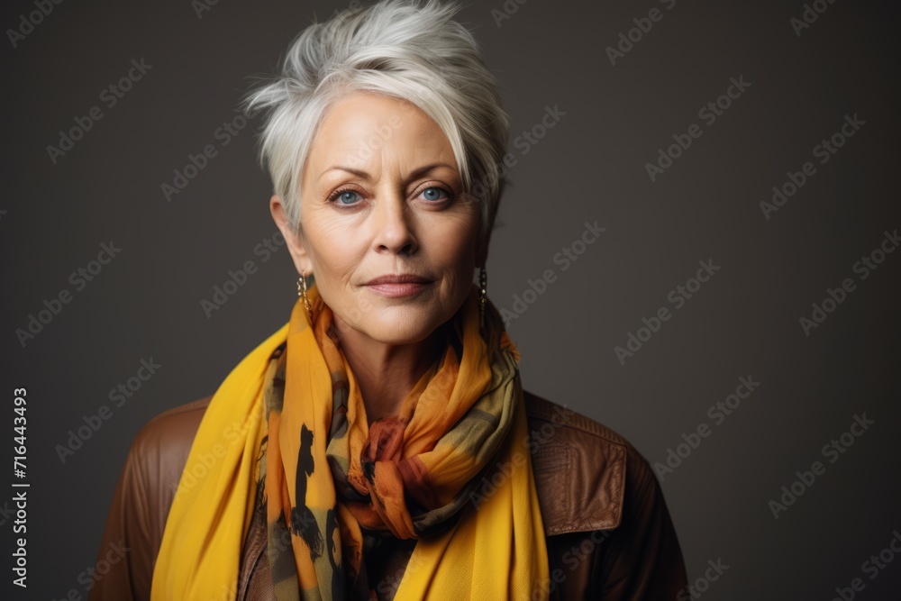 Portrait of a senior woman wearing a scarf over grey background