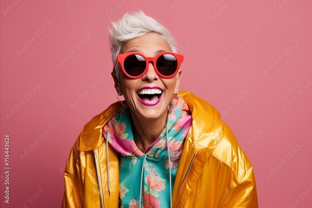 Portrait of happy senior woman in yellow jacket and red sunglasses