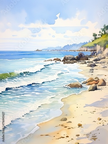 Watercolor Coastal Landscapes: Serene Beach Scene Painting for Stunning Ocean Wall Decor