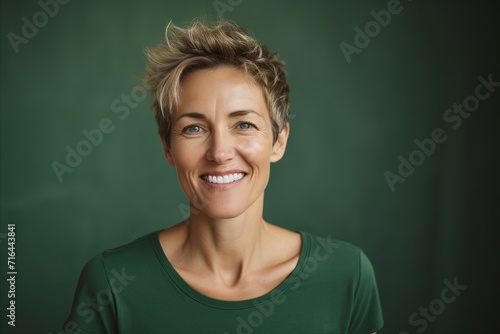 Portrait of beautiful middle aged woman smiling at the camera against green chalkboard.
