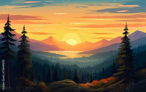 Beautiful vector landscape illustration - Warm and peaceful sunrise over the mountains