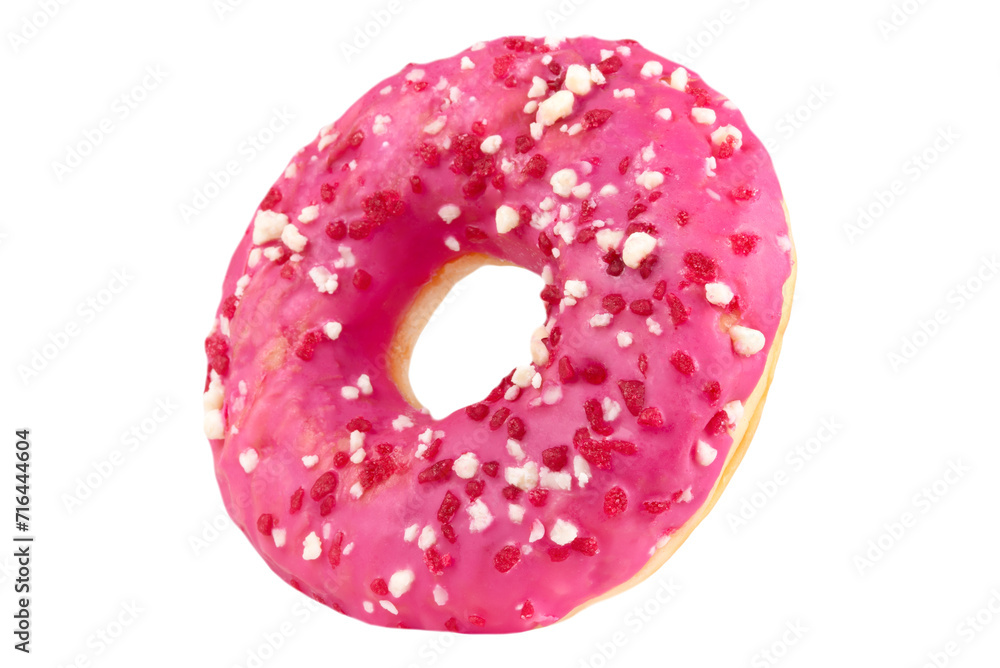 Levitation of pink donuts with cookie crumbs isolated on transparent background. Levitation of pink donuts with cookie crumbs isolated on transparent background.