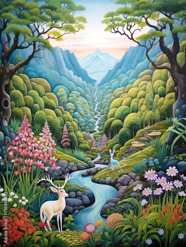 Whimsical Woodland Creatures: Captivating Mountain and Valley Landscape Art
