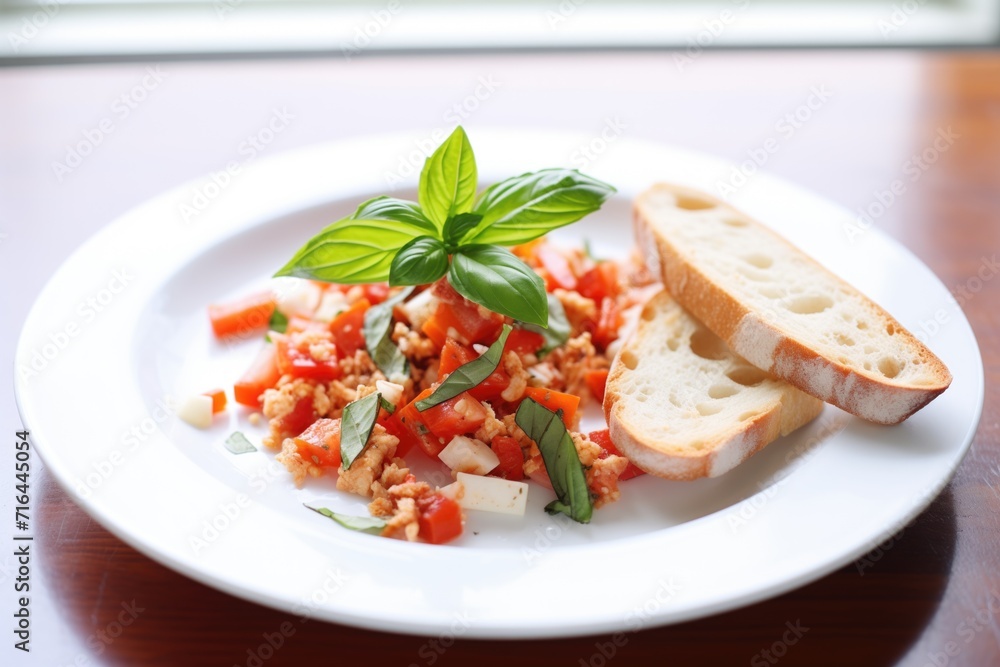 sliced baguette topped with diced tomatoes and fresh basil on a white plate sliced baguette topped with diced tomatoes and fresh basil on a white plate