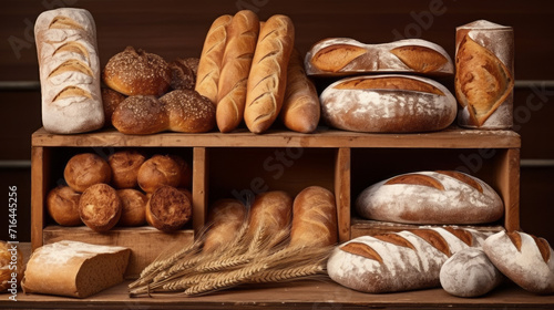 Different types of bread in the bakery. Various bakery products. Handmade Bakery Delights. photo