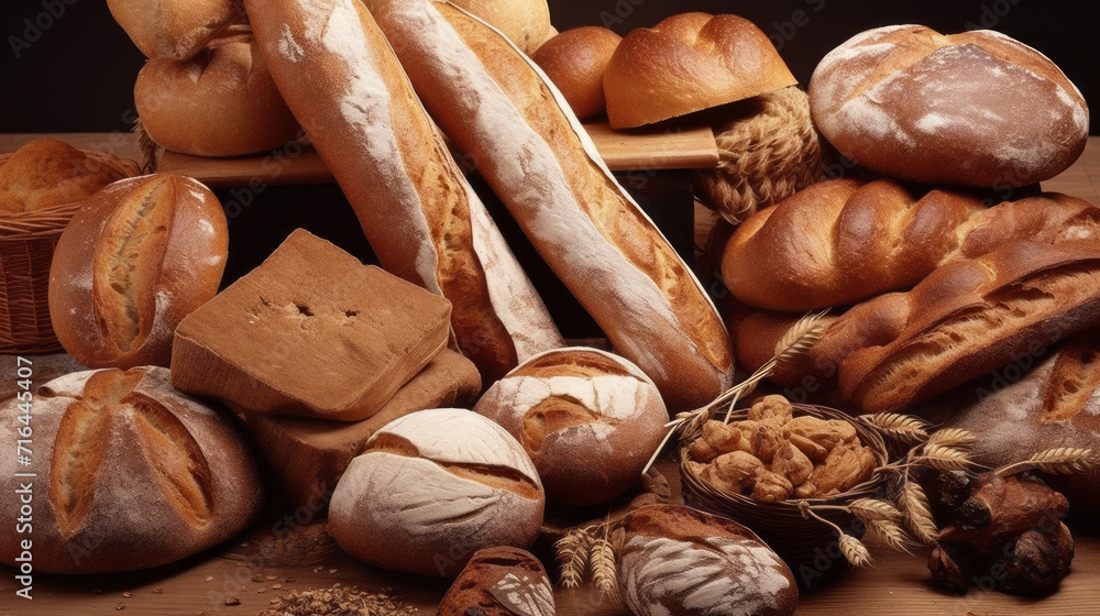 Fototapeta premium Different types of bread in the bakery. Various bakery products. Handmade Bakery Delights.