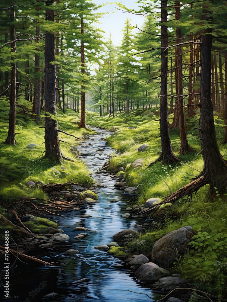 Whispering Pine Forests: Serene Stream and Brook Amidst Majestic Pines