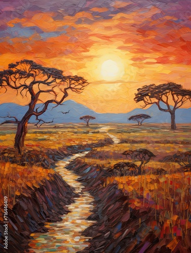 Vibrant Wild African Savannas Impressionist Landscape  Nature Scene Art