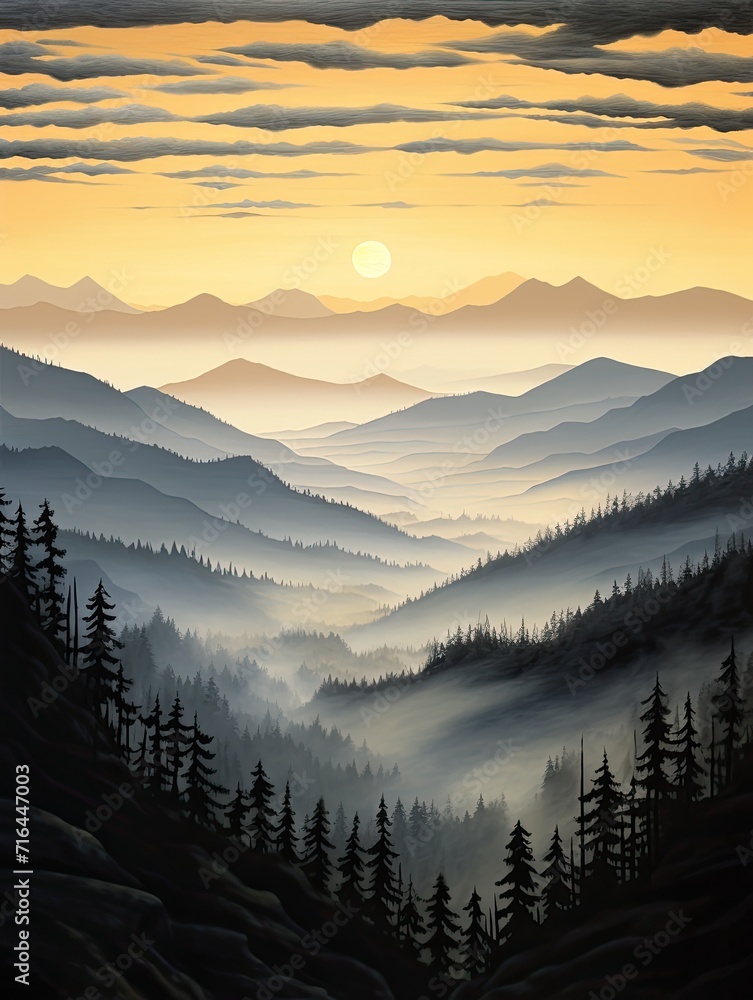 Wilderness National Park Vistas: First Light, Dawn Painting of Misty Valleys