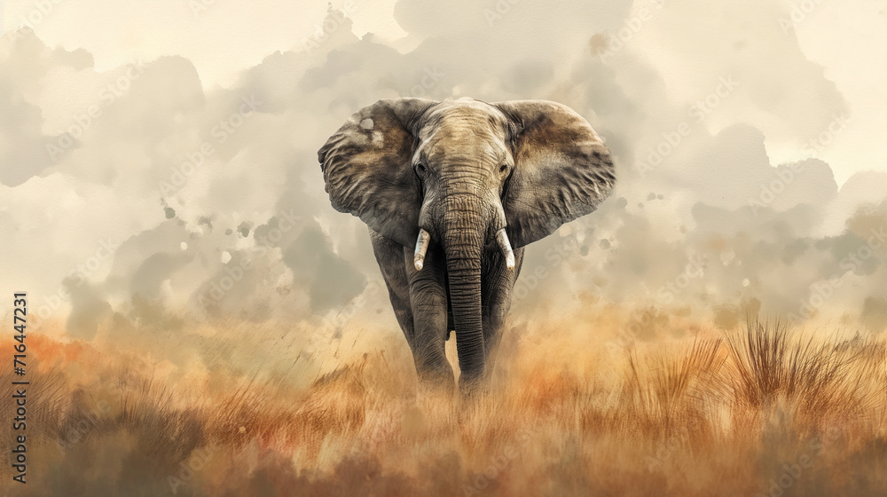 Fototapeta premium the elephant is located in the middle of the picture , watercolor style