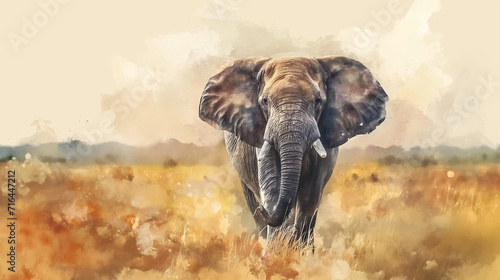 A large elephant walks in the savannah, watercolor style