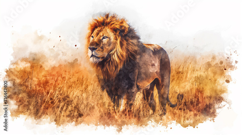 A male lion went hunting in the savannah, watercolor style, book cover
