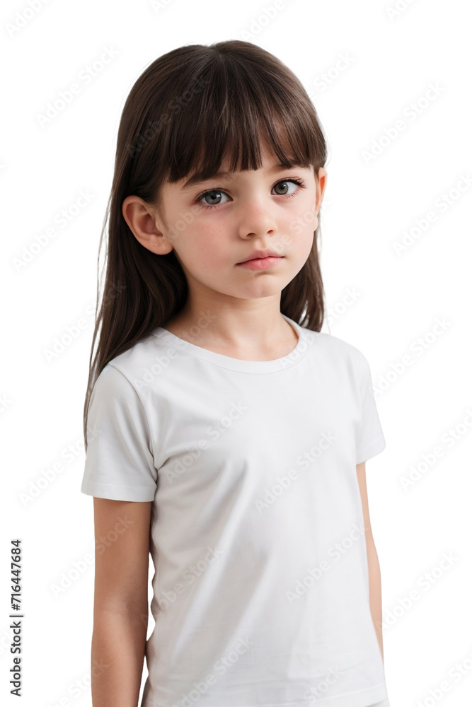 Sad little girl wearing a white t-shirt and looking at the camera. Sad or unsatisfied face. isolated, transparent background, no background. PNG. Sad little girl wearing a white t-shirt and looking at the camera. Sad or unsatisfied face. isolated, transparent background, no background. PNG.