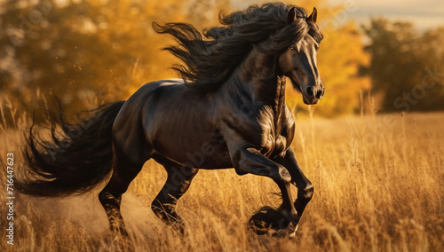 a horse running through a field of tall grass with trees in the background and a sky background with clouds, generative ai