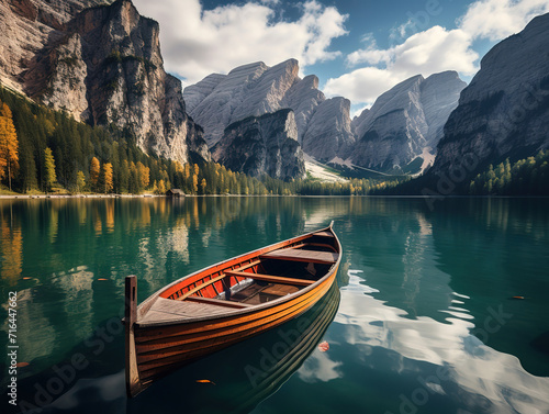 A beautiful shot of a lake with few boats with a female standing on one of them