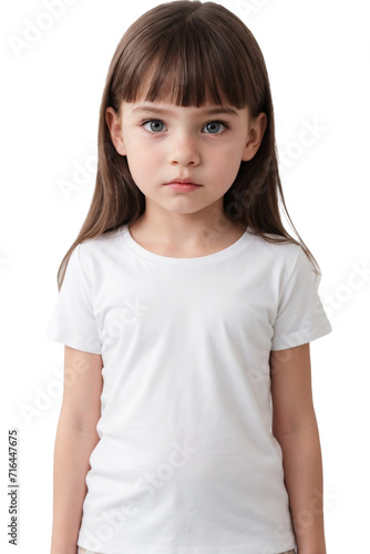 Sad little girl wearing a white t-shirt and looking at the camera. Sad or unsatisfied face. isolated, transparent background, no background. PNG.