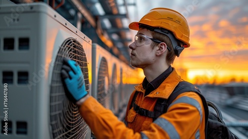Skilled Rooftop HVAC Technician Diligently Servicing Air Conditioning Units Atop a High-Rise Commercial Building