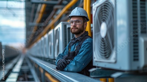 Skilled Rooftop HVAC Technician Diligently Servicing Air Conditioning Units Atop a High-Rise Commercial Building