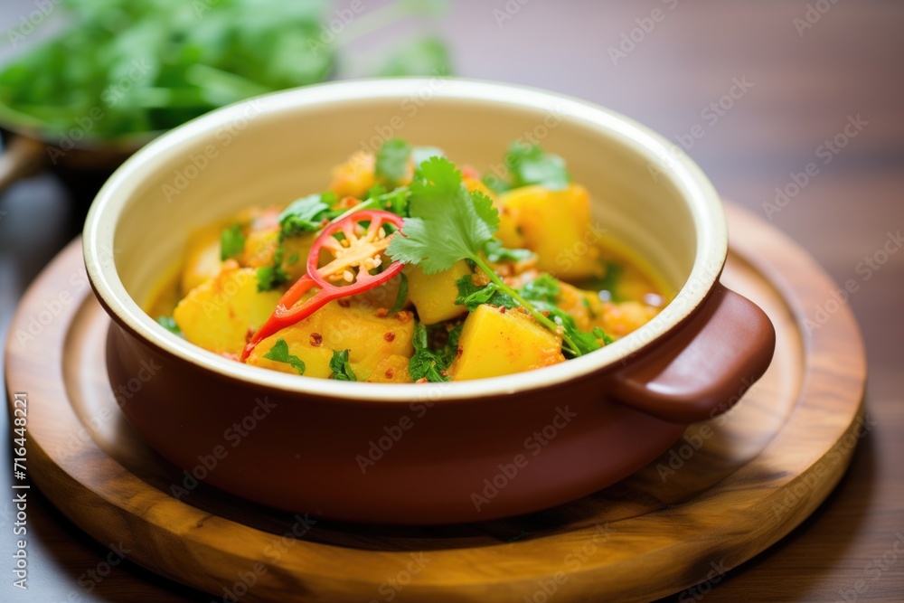 aloo gobi in a clay dish, garnished with cilantro aloo gobi in a clay dish, garnished with cilantro