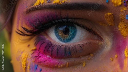 eyes portrait of model with colourful holi face