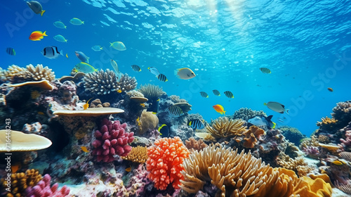 Coral reef colony in the sea landscape. Underwater scene background with colorful corals, sea anemone, actiniaria tropical fishes. Concept of climate change and ocean acidification on marine
