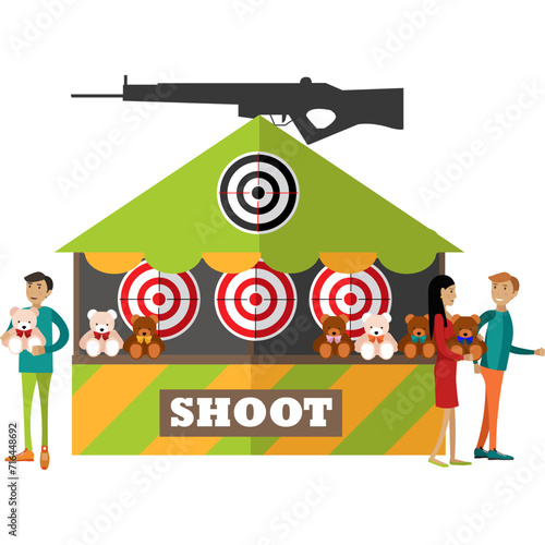 People visiting shooting gallery in amusement park vector icon isolated on white