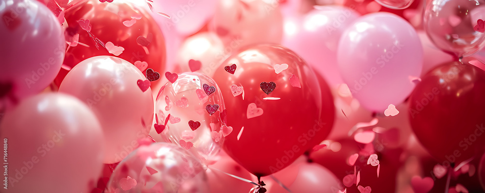 A cluster of balloons in various shades of pink and red, adorned with handwritten love notes, creating a whimsical and festive atmosphere.