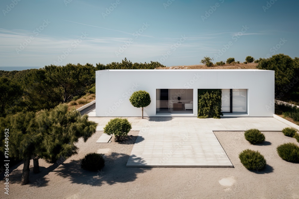 Facade of a modern minimalist white house with a tree