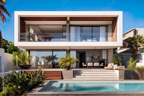 Modern minimalist white house with glass windows and a swimming pool © AntonioJose