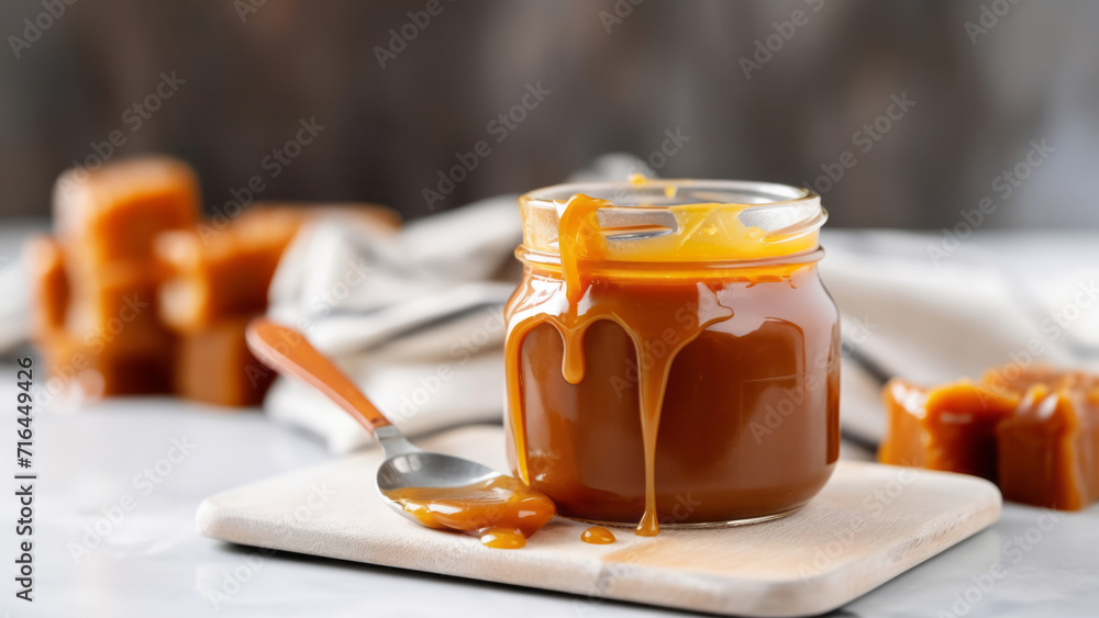 Homemade salted caramel in glass jar on kitchen table Homemade salted caramel in glass jar on kitchen table