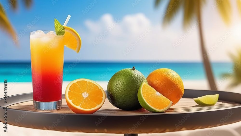 Fototapeta premium Cocktail with fruits against the background of the sea.