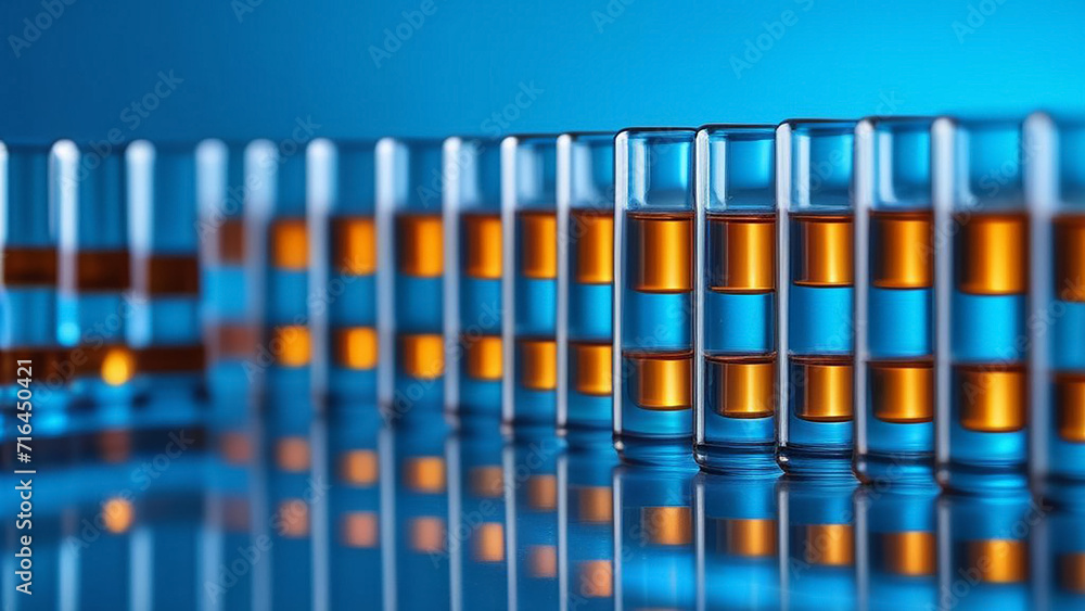 Fototapeta premium Medical ampoules on a blue background.