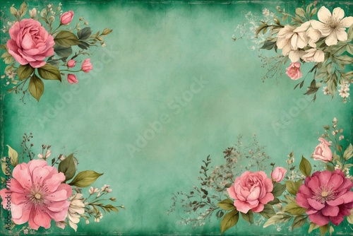 vintage green watercolor frame with flowers for cards, aged paper with copy space, shabby chic look style design for invitation and congratulations