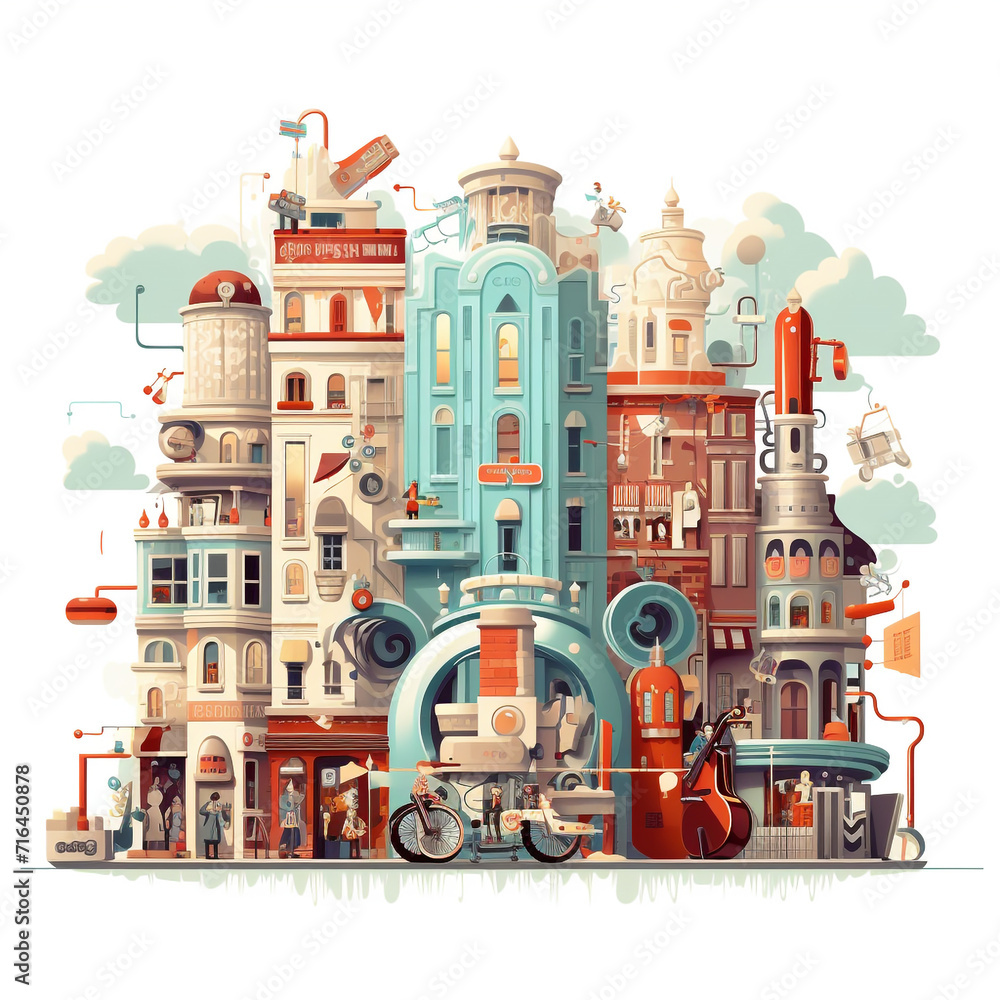 A city where all the buildings are giant music boxes, with melodies played by illustrations of automatons. isolated on white background