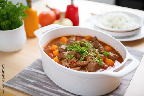 family-size serving of goulash soup in a large white dish