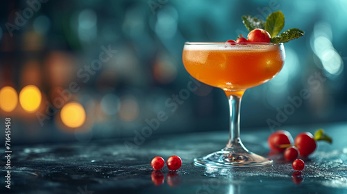 A cocktail in a bar on a blue background