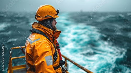 Resilient Offshore Oil Rig Worker Supervising Intense Drilling Operations in the Midst of Turbulent Seas, Underscoring the Hazards of Offshore Oil Extraction